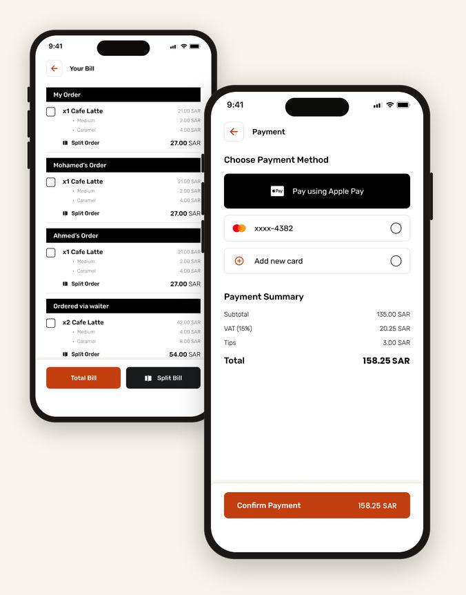 هاتفان: الفاتورة مقسّمة إلى طلب منفصل لكل ضيف، وشاشة الدفع مع Apple Pay وملخص الدفع والمبلغ المطلوب تأكيده.