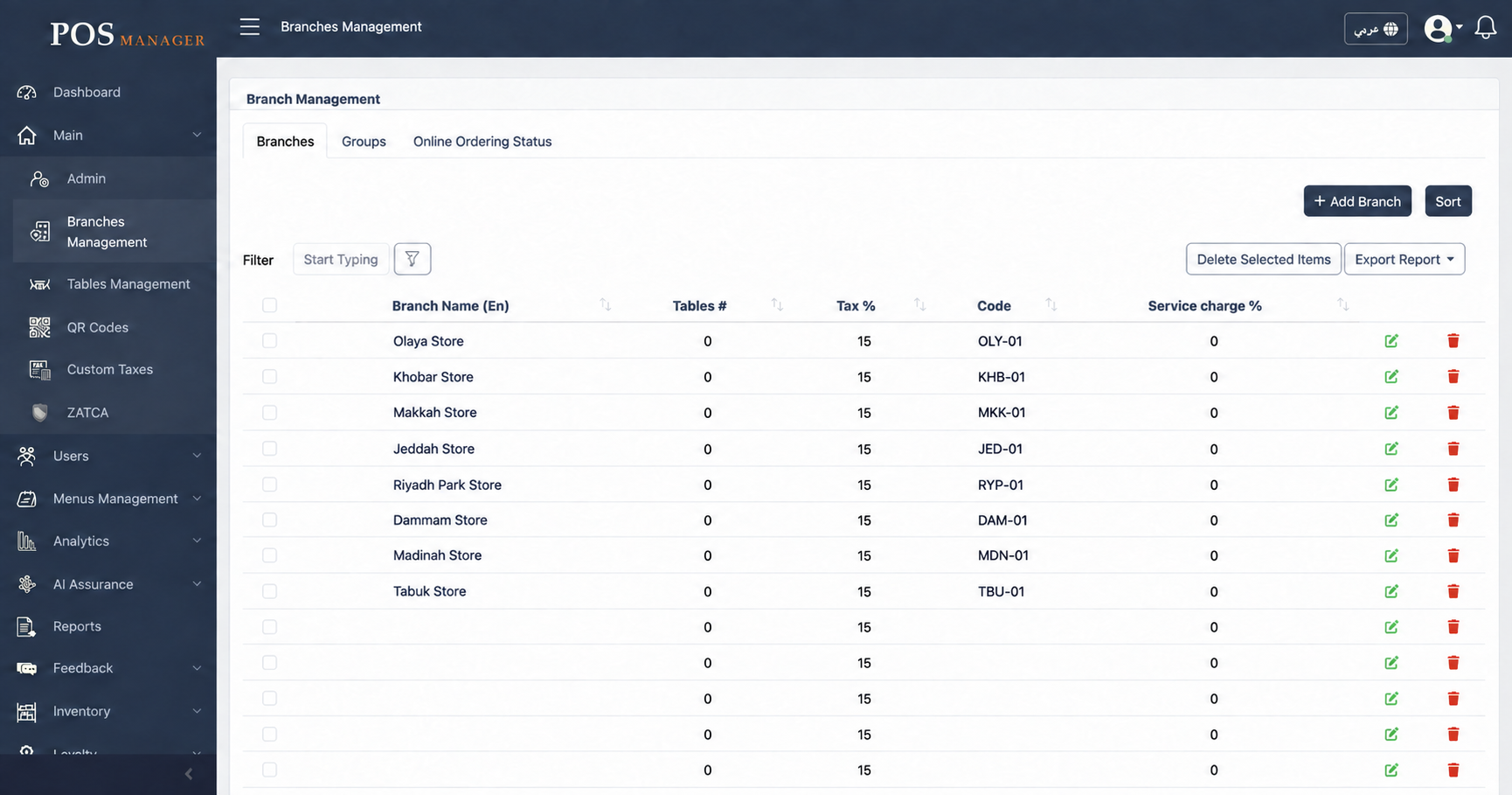 صفحة إدارة الفروع في POS Manager مع أسماء متاجر ورموز تجريبية